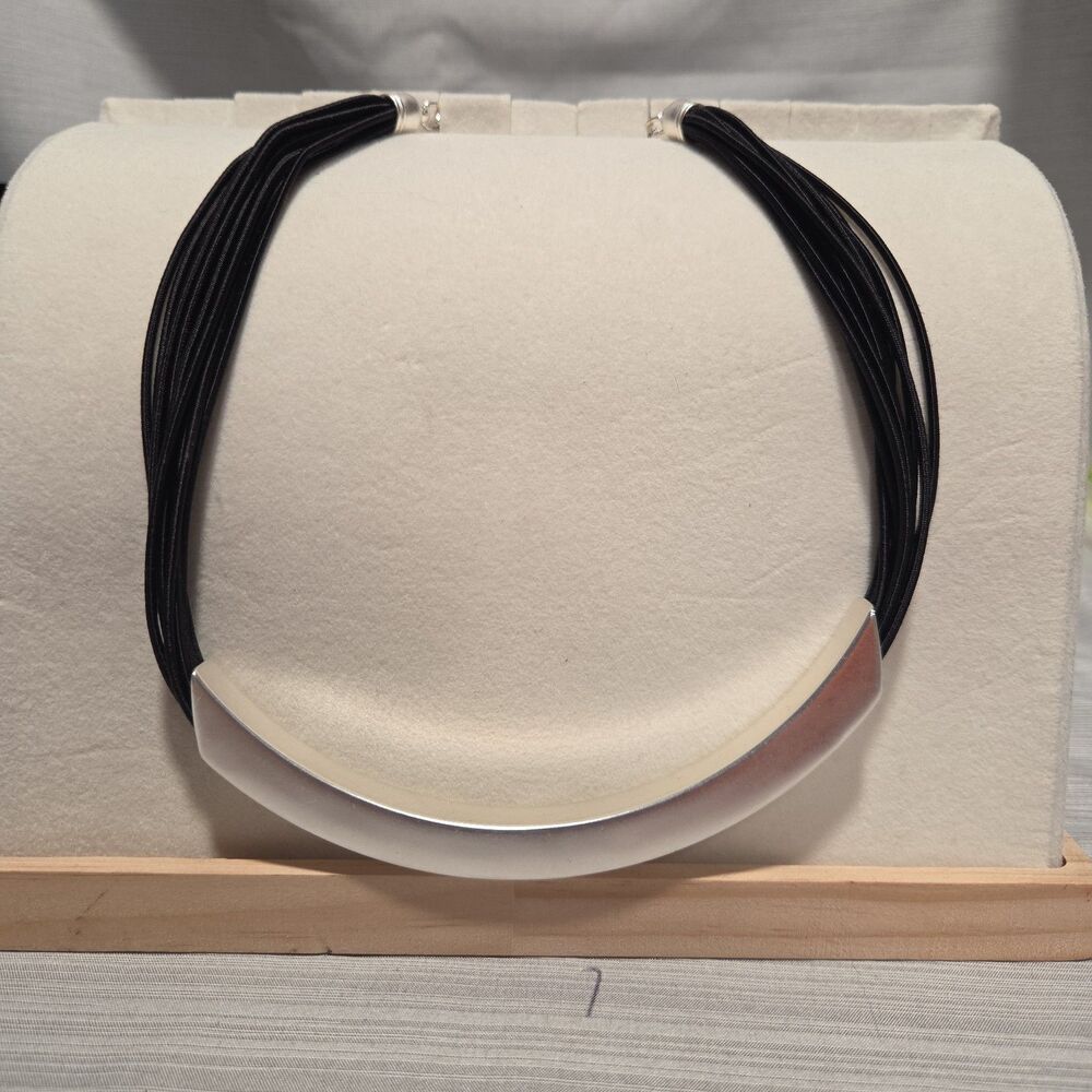 Matte Silver-Tone Modernist Crescent Necklace Black Multi-Strand Cord 18"